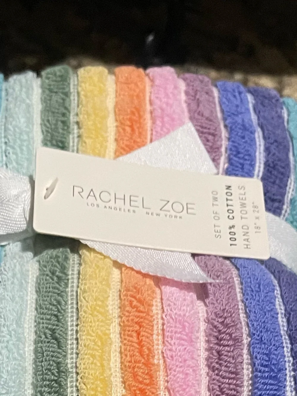 Rachel Zoe striped fringed 100% Cotton Hand Towel set of (2) 18”x28”” -Brand new